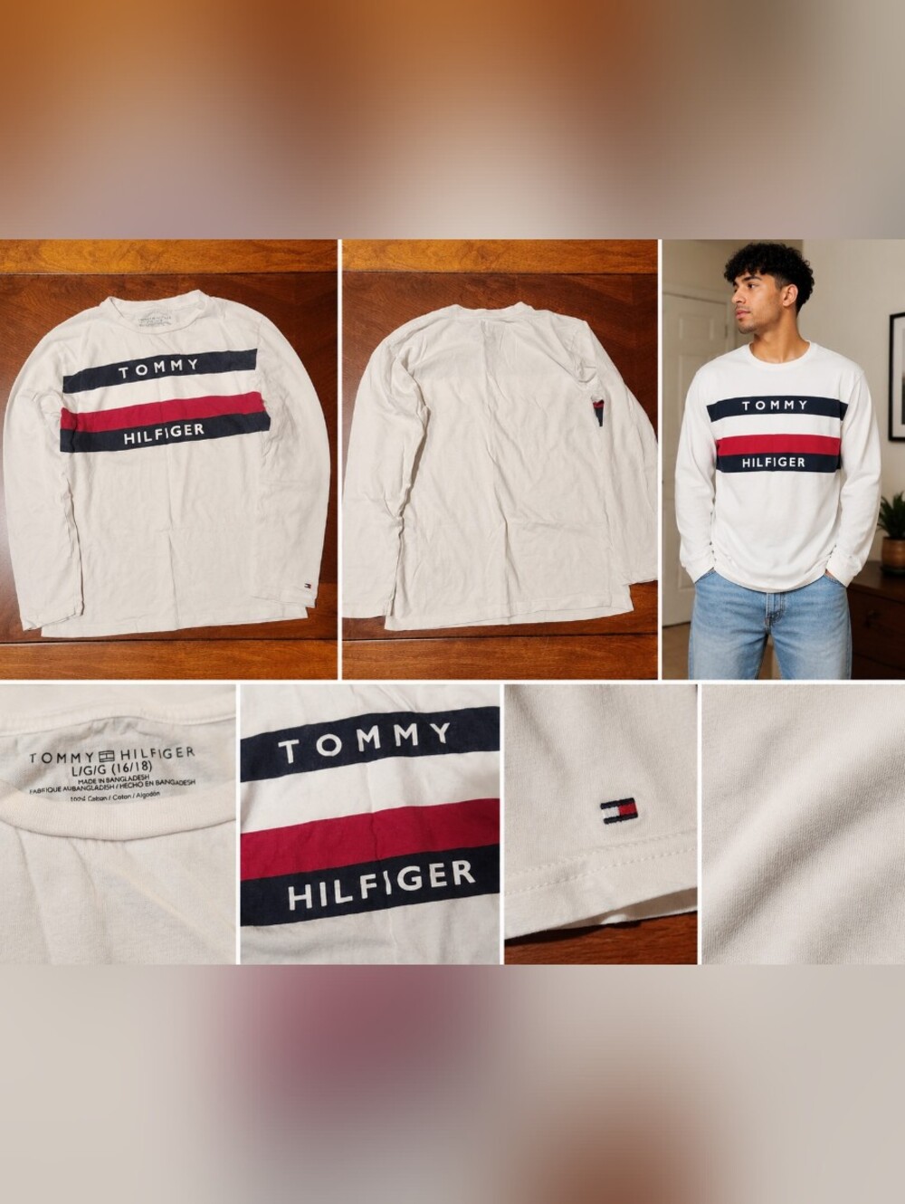 Tommy Hilfiger White Long Sleeve Tee with Navy & Red Stripes